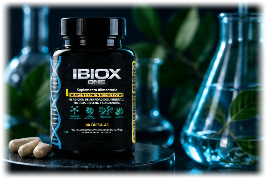 Frasco de IBIOX ONE sobre pedestal en laboratorio de biotecnología